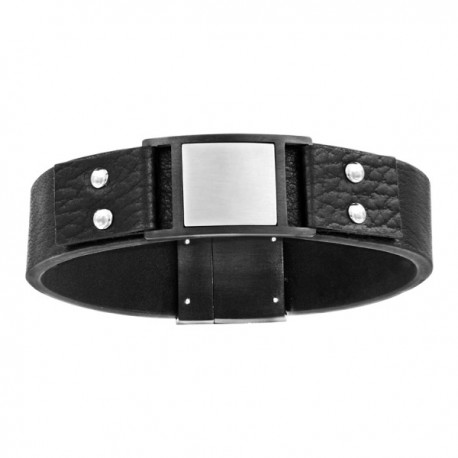 Bracelet cuir véritable noir plaque carré Bracelet cuir véritable noir plaque carré