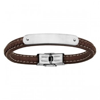 Bracelet acier cuir marron plaque idd