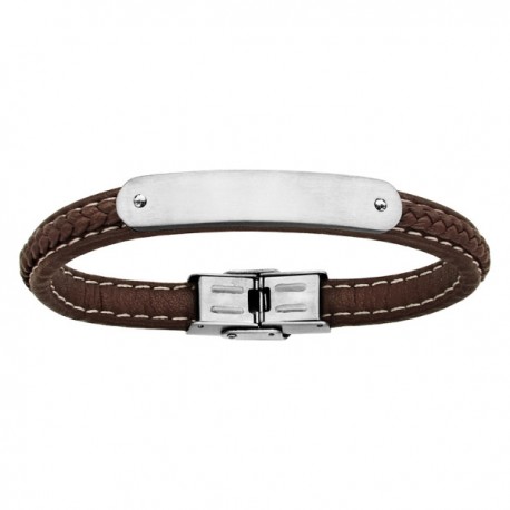 Bracelet acier cuir marron plaque idd