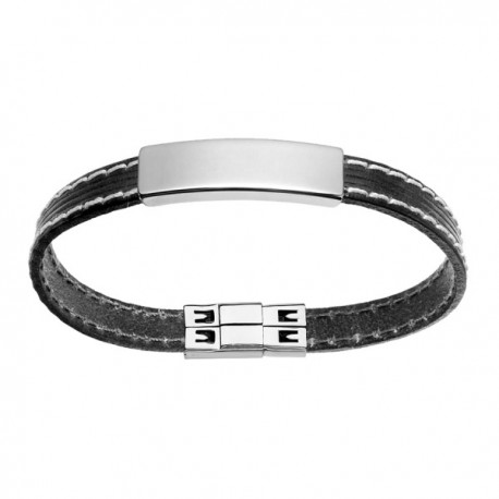 Bracelet acier cuir noir plaque idd