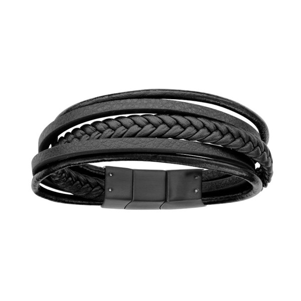 Bracelet Homme Fossil Multi-rang Cuir Noir - JF03185793