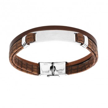 Bracelet Cuir Double Plaque Acier