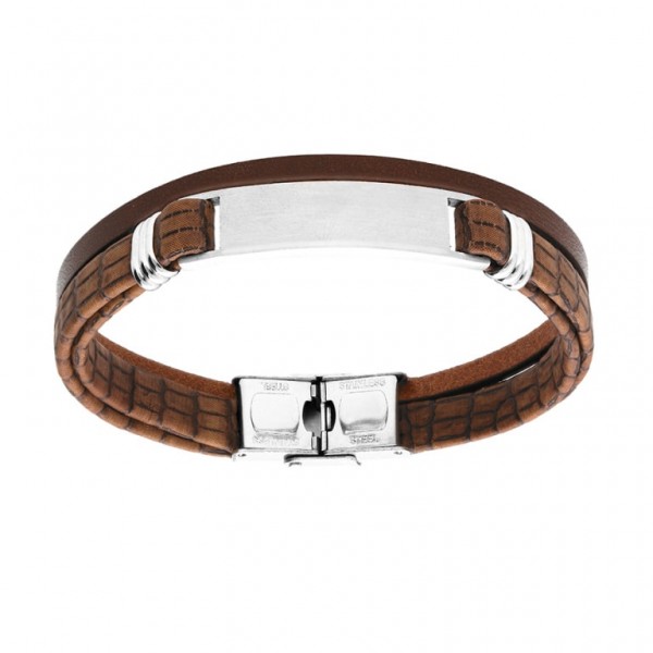 Bracelet Cuir Double Plaque Acier