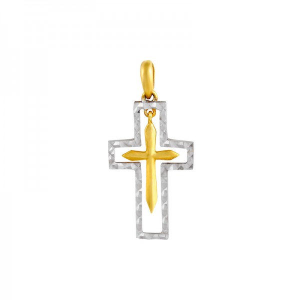 Croix Or blanc aspect diamanté avec pendant croix en Or jaune 750/1000
