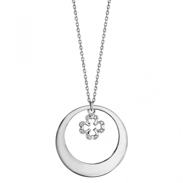 COLLIER ARGENT RHODIE CERCLE AVEC MOTIF TREFLE OXYDES BLANCS SERTIS