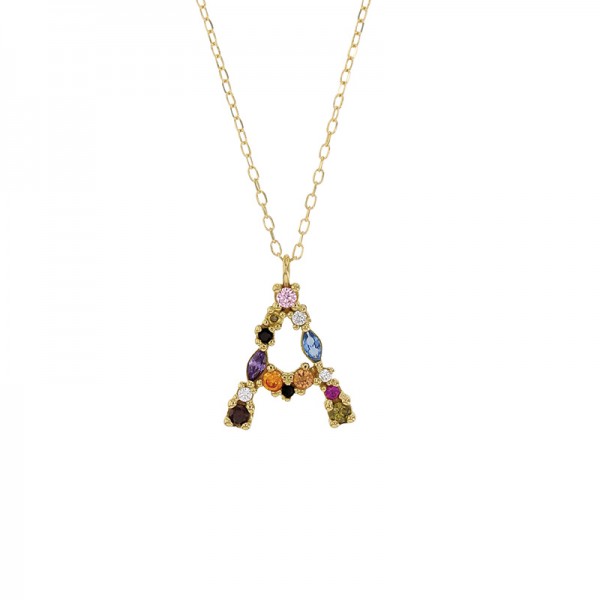 Collier initiale en Or 18K ornée d'oxydes de couleurs Collier initiale en Or 18K ornée d'oxydes de couleurs