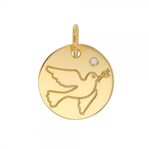 Médaille Colombe de la paix en Or 750/1000 serti d'un diamant 0,01ct HSI
