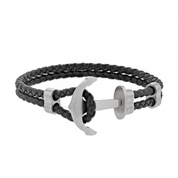 Bracelet Double Cuir tressé Noir et Ancre Marine