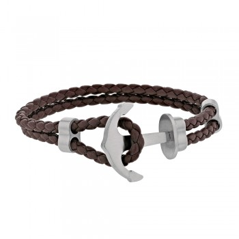 Bracelet Double Cuir tressé Marron et Ancre Marine