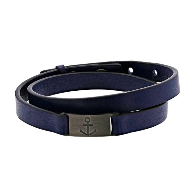 Bracelet Double tour en Cuir Bleu et Ancre Marine en Acier vieilli Bracelet Double tour en Cuir Bleu et Ancre Marine en Acier vieilli