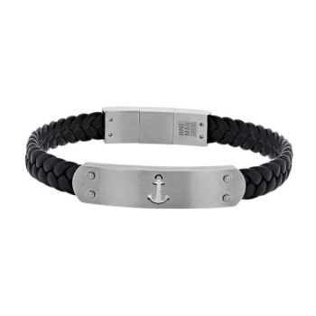 Bracelet Cuir tressé Noir et Plaque Acier Ancre Marine