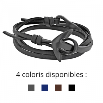 Bracelet lacet cuir noir ancre marine
