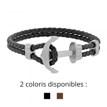 Bracelet Double Cuir tressé Noir et Ancre Marine