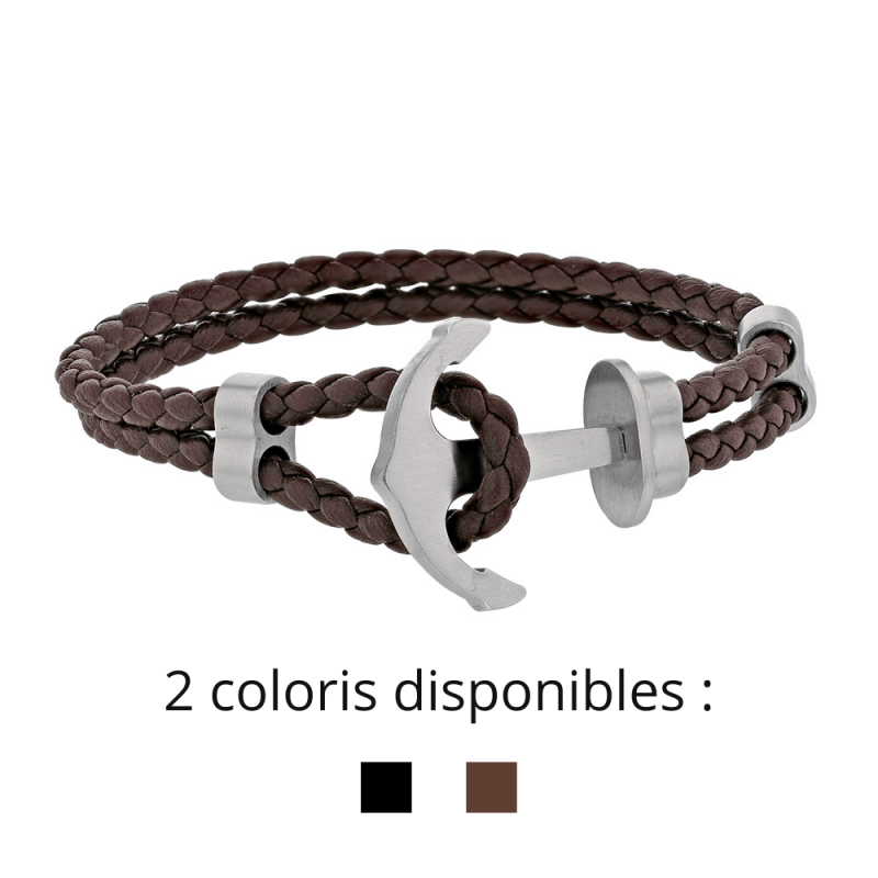 Bracelet Double Cuir tressé Marron et Ancre Marine