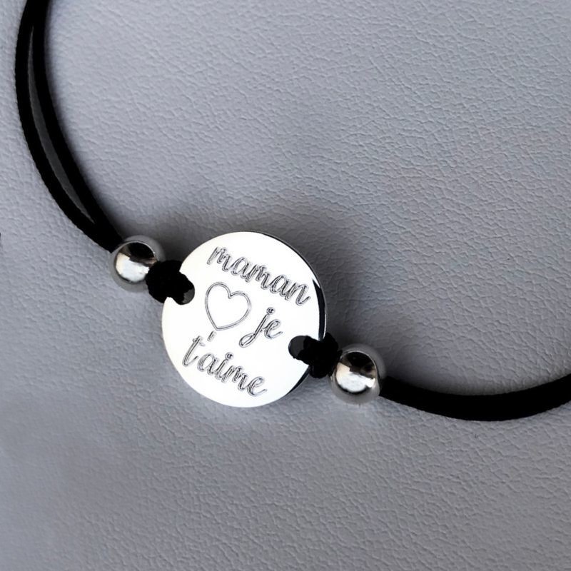 Bracelet argent cordon noir Maman je t'aime